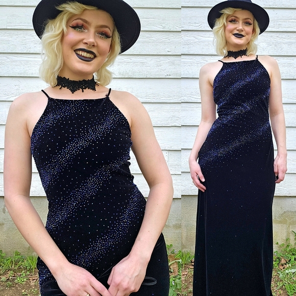 90's Vintage Velvet Beaded Cosmic Galaxy Starry Celestial Maxi Prom Dress - Picture 1 of 12